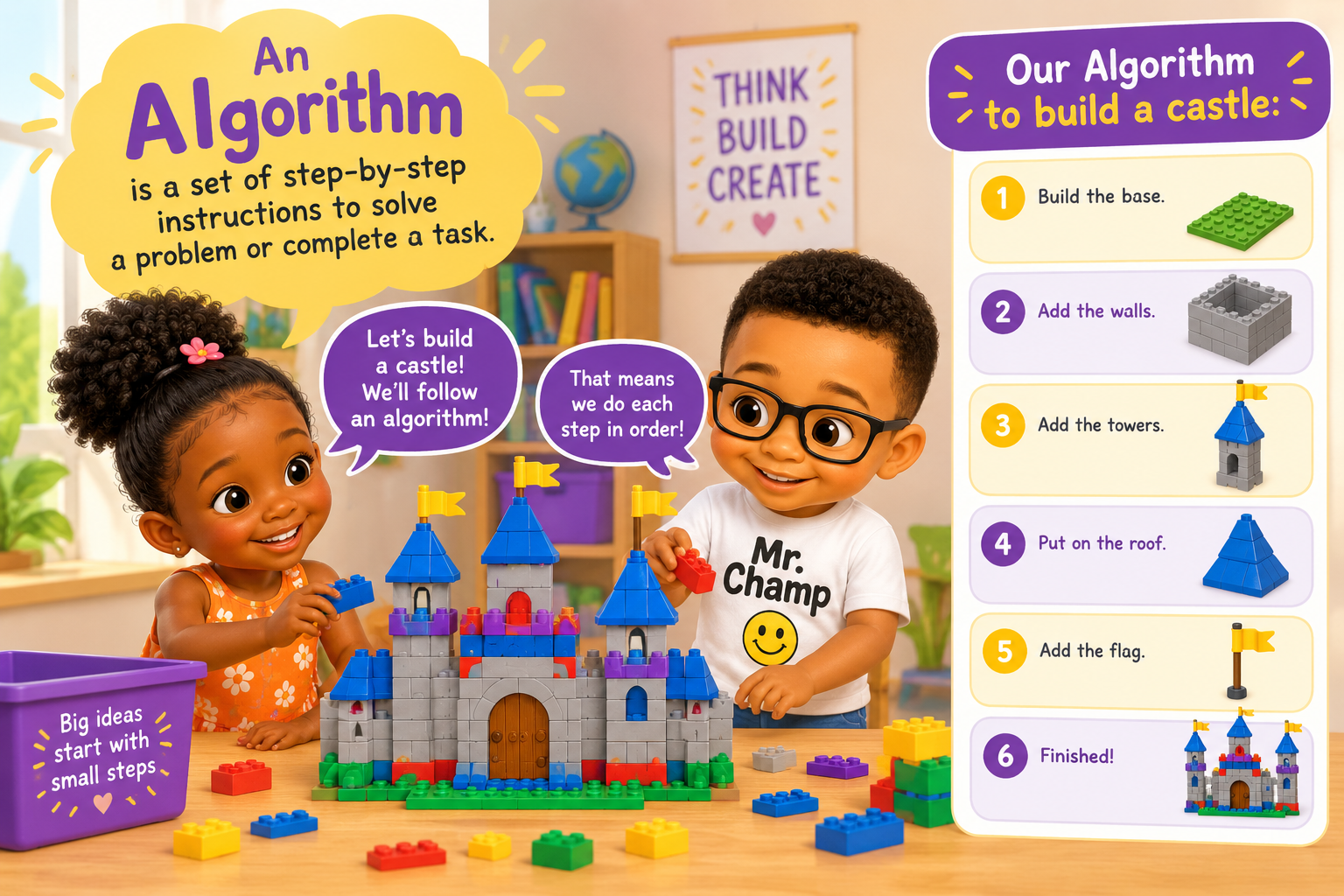 Maya and Robbie building a LEGO castle by following an algorithm, step by step