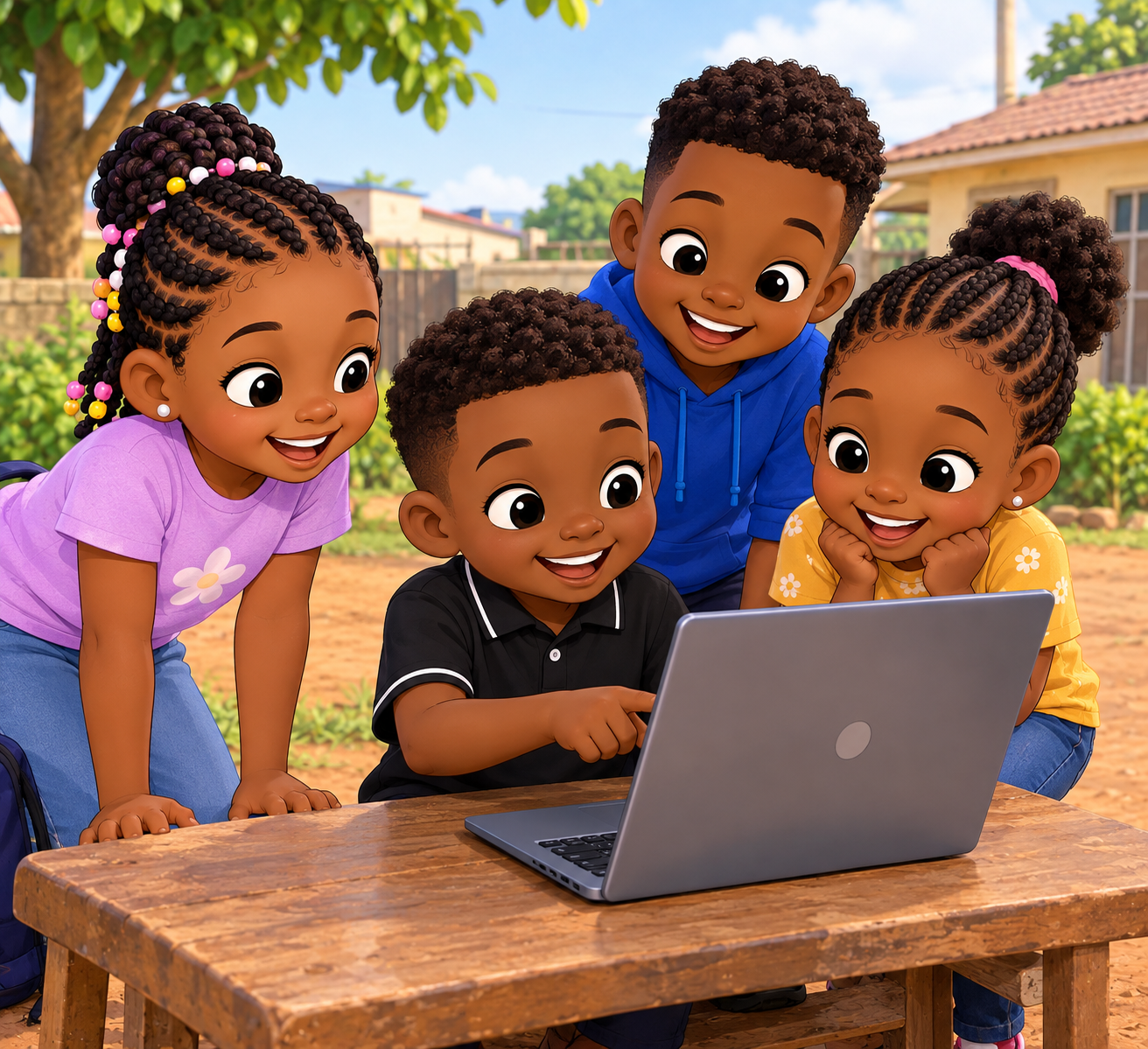 Four smiling children gathered around a laptop together outdoors, looking at what one of them made