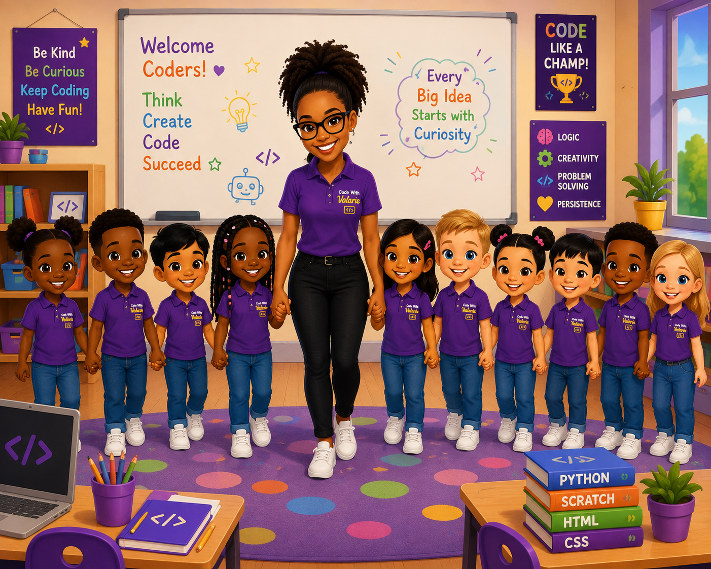 Valarie with her students in the Code With Valarie classroom