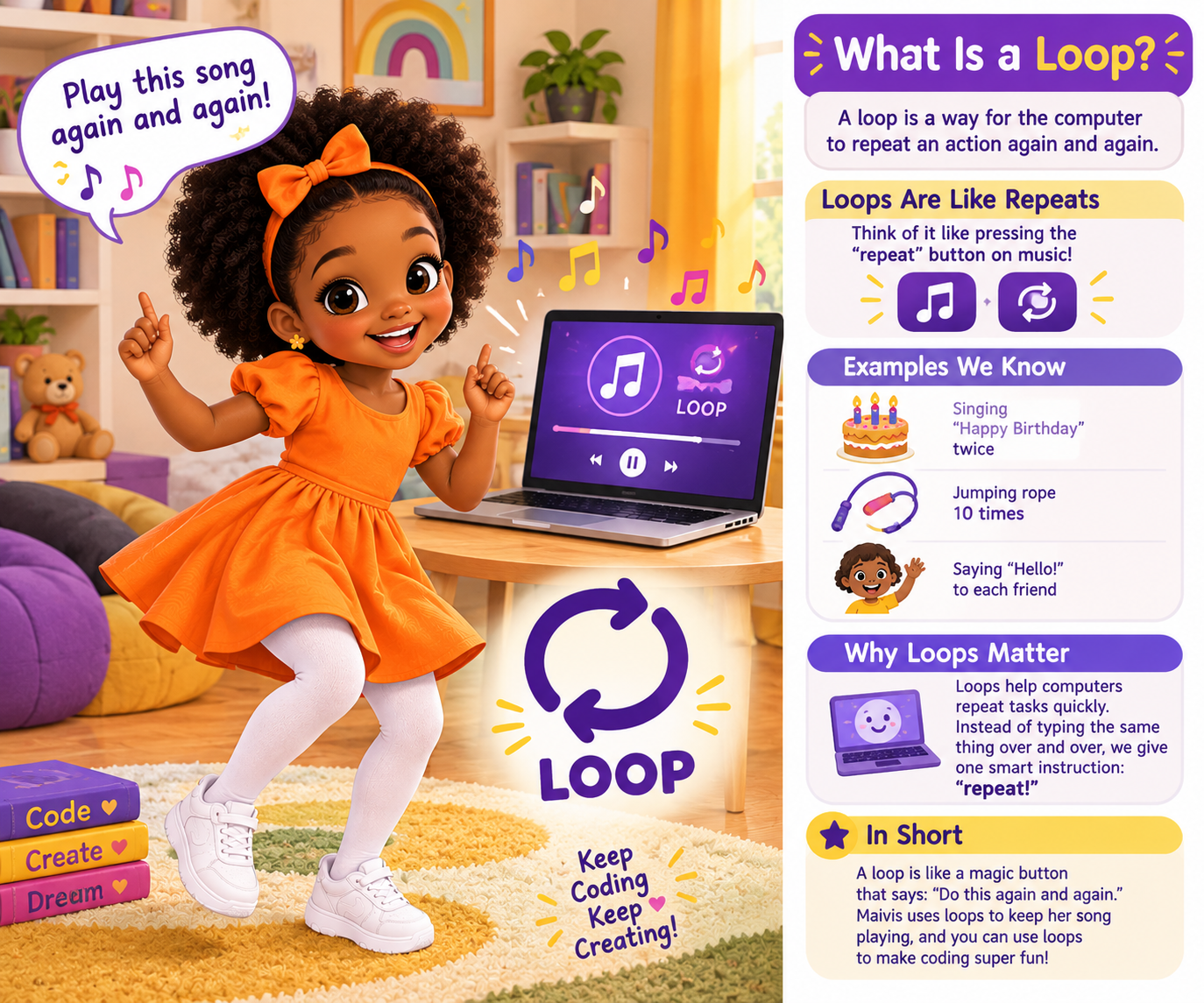 Maivis dancing to her favorite song, with a laptop showing a loop button that repeats the music