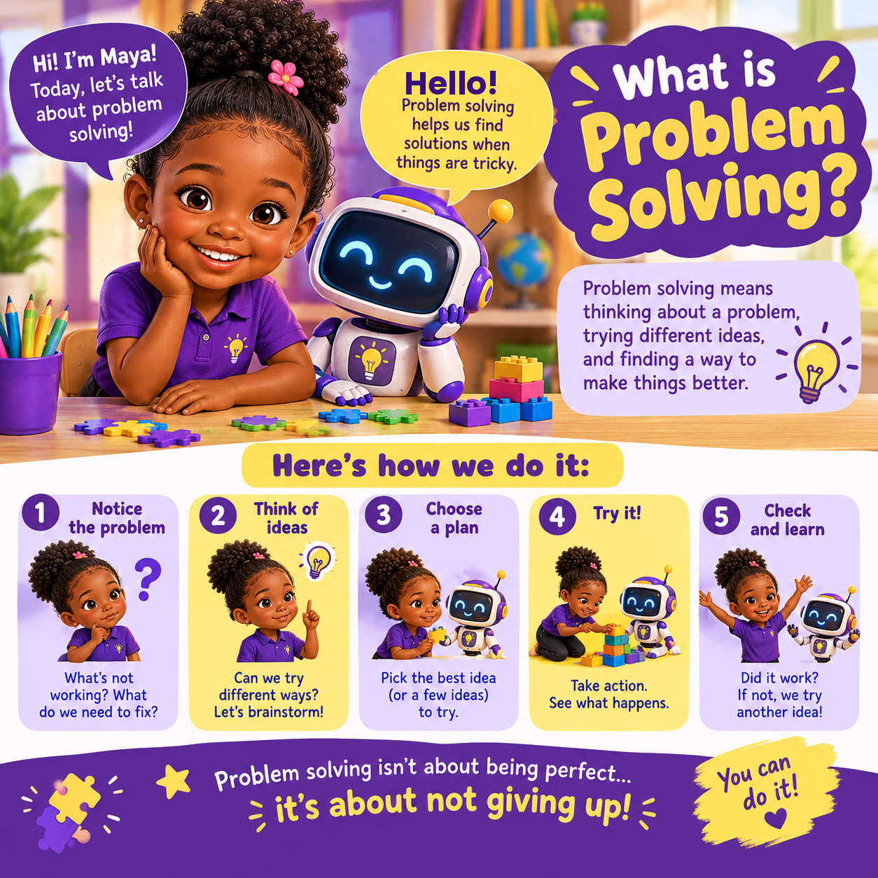 Maya and her robot friend explain what problem solving is