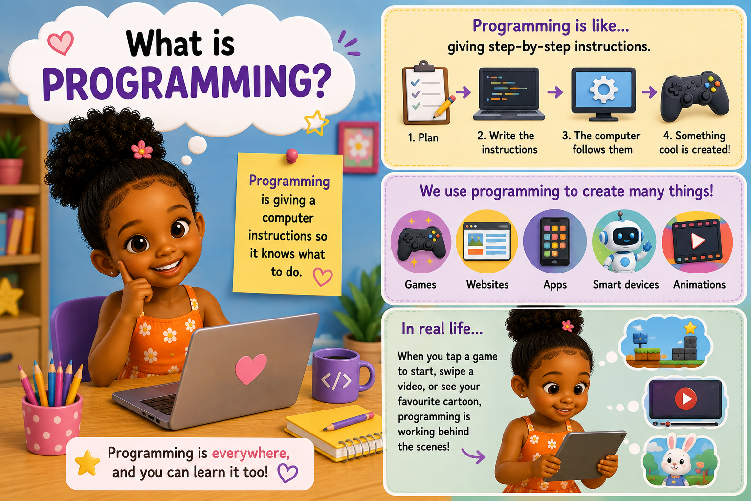 Maya explains what programming is at her laptop