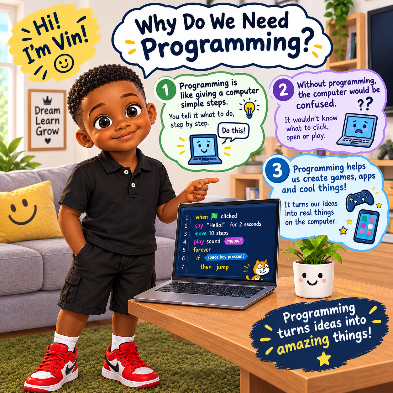 Vin pointing at his laptop showing lines of code, with speech bubbles explaining why we need programming