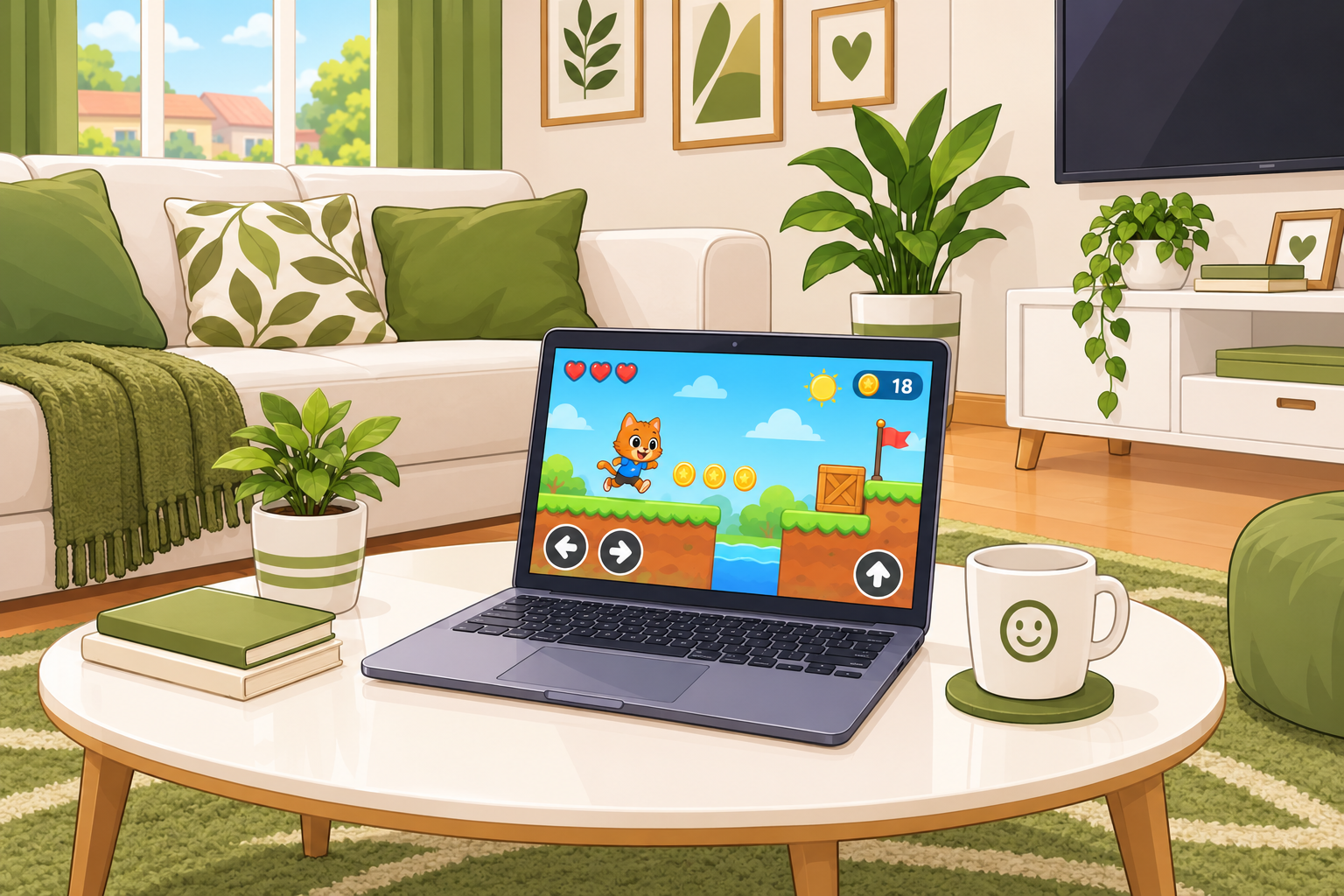 A laptop on a living room coffee table showing a colorful platformer game with a cartoon cat character collecting coins