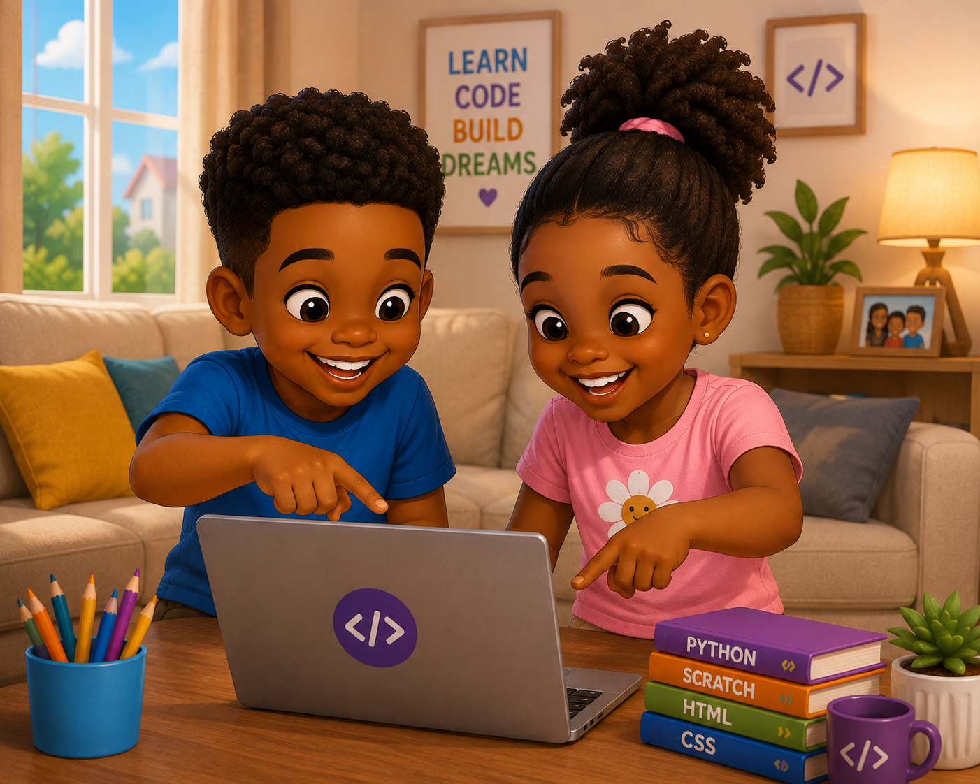 Two children pointing excitedly at a laptop screen