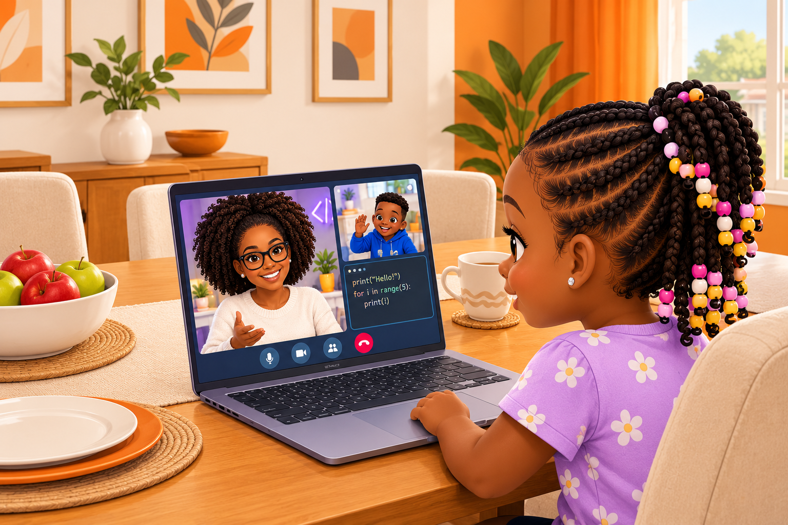 A child on a video call with Teacher Valarie learning to code, with a print statement and a for loop shown on screen