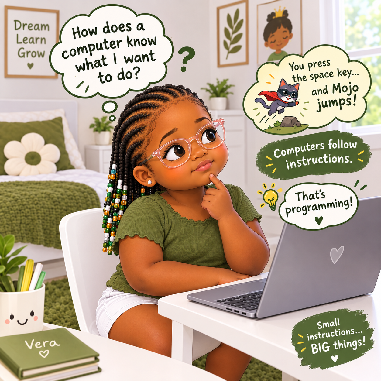 Vera thinking at her laptop, wondering how a computer knows what she wants it to do, with her superhero cat Mojo jumping over a rock