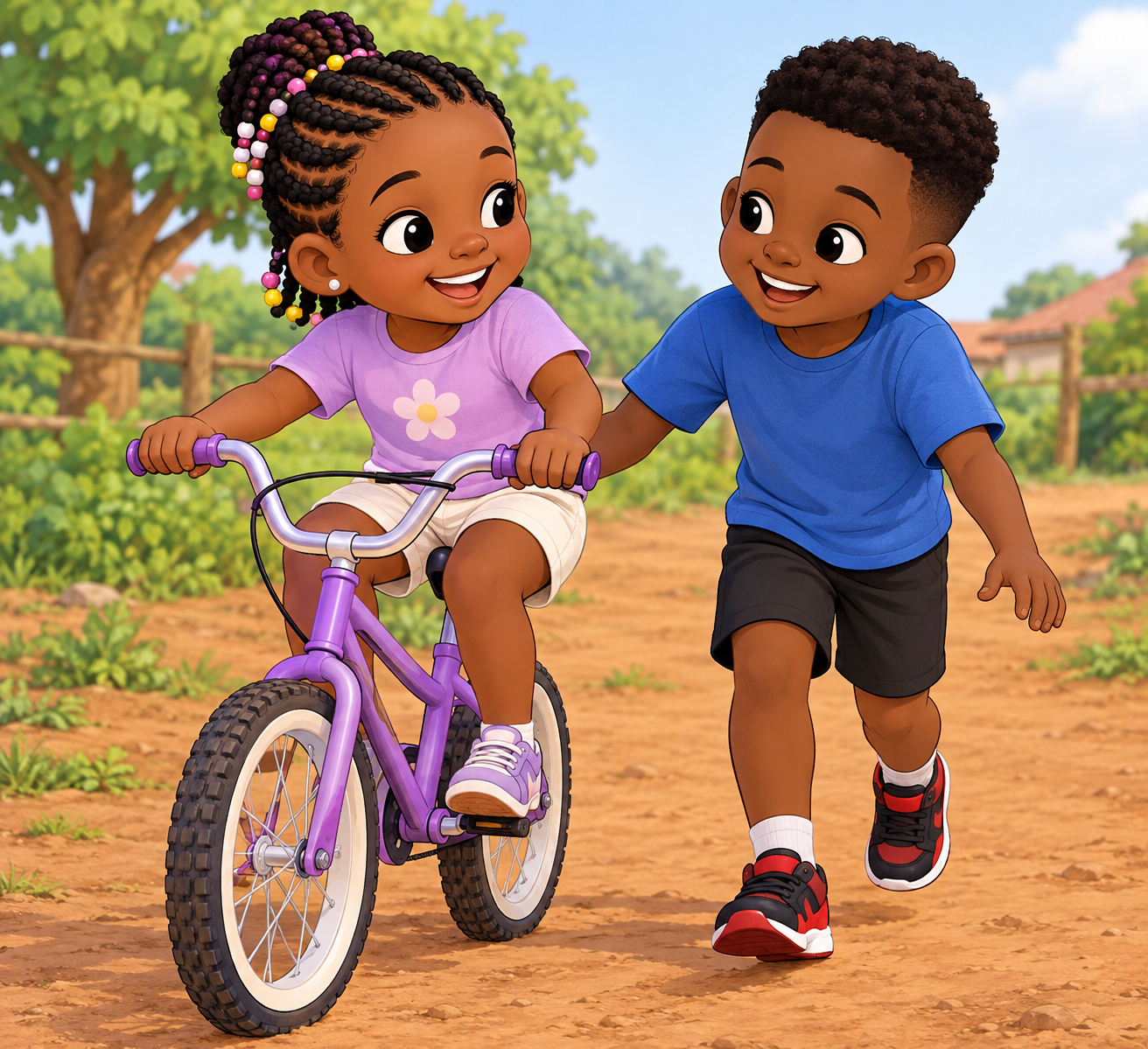 A girl learning to ride her purple bicycle with a friend running alongside to help