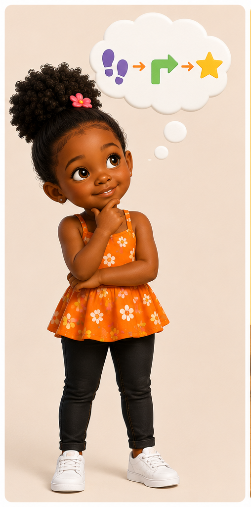 Maya thinking, with a thought bubble showing footsteps, an arrow, and a star