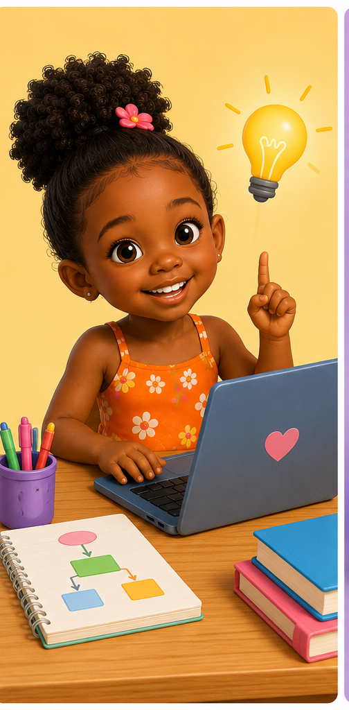 Maya giving a thumbs up next to a laptop with colourful code on screen