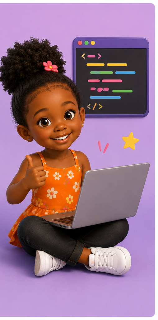Maya with a lightbulb above her head, pointing up excitedly