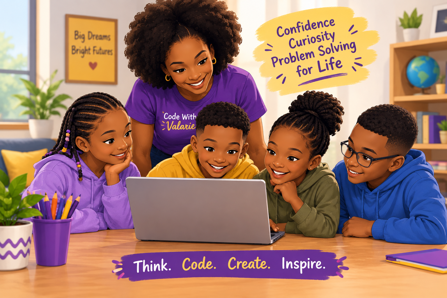 Valarie and four children smiling at a laptop, with the words Confidence, Curiosity, Problem Solving for Life and Think. Code. Create. Inspire.