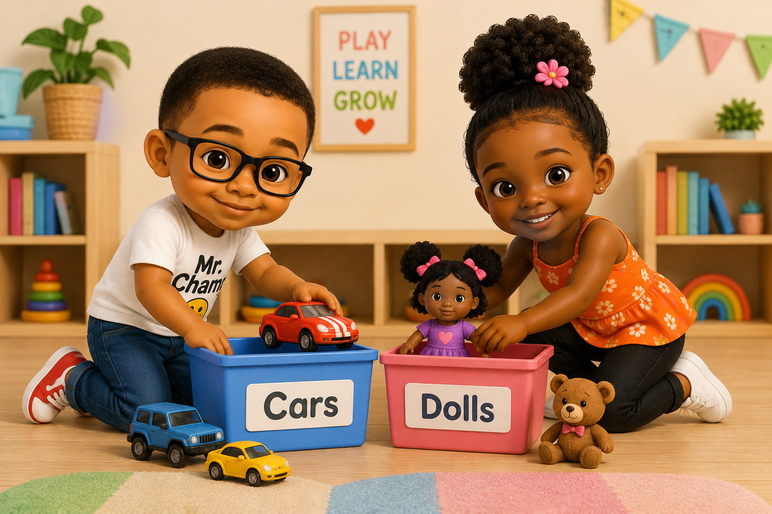 Robbie and Maya sorting toy cars and dolls into labeled boxes